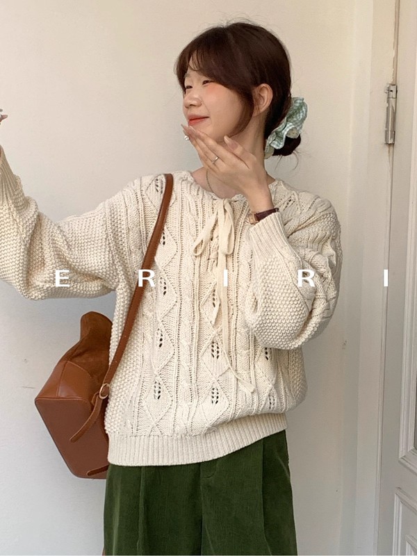 2025韩版新款镂空系带麻花针织衫女早秋宽松清新百搭减龄套头毛衣|undefined