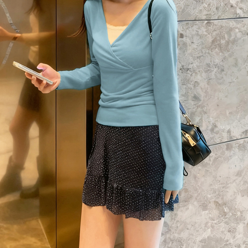 甜美少女温柔风气质优雅V领假两件上衣多巴胺修身显瘦打底衫长袖|undefined