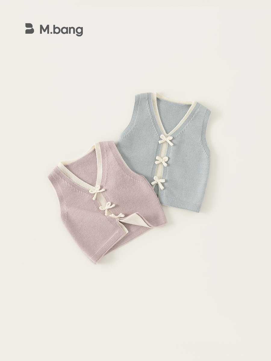 Youbao ropa para niños falso de dos piezas con lazo en contraste suéter chaleco 2025 primavera chaleco de punto para niñas de todo fósforo