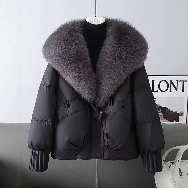 Winter Elegant Ladies Outerwear with Plush Waterfall Collar and Pocket Fur Collar Cotton Jacket