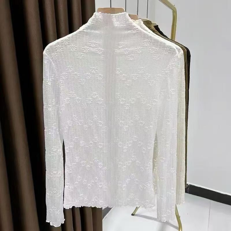 Women's Petite Half-Turtleneck Lace Base Shirt, Stretchy Thin Mesh Long-Sleeve T-Shirt with Ruffled Edge for Layering Women's Petite Half-Turtleneck Lace Base Shirt, Stretchy Thin Mesh Long-Sleeve T-Shirt with Ruffled Edge for Layering