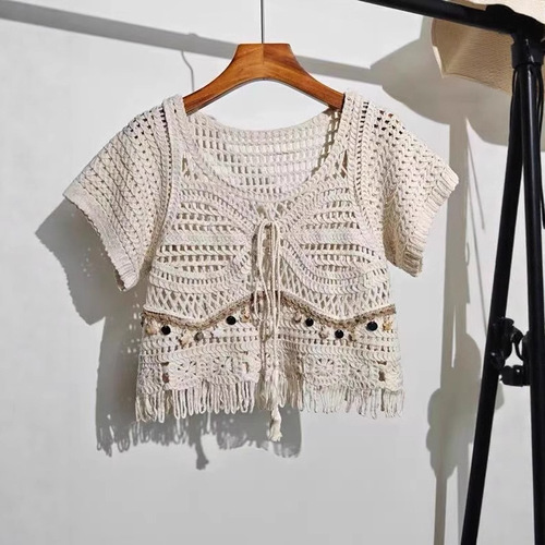 Ethnic Style New Casual Embroidered Knit Top with Floral Design, Elegant Women's Fashion Wholesale Short-Sleeve Trendy Chinese Style