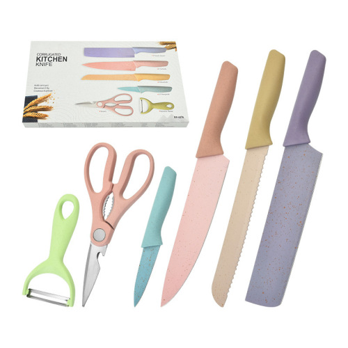 Stainless steel macaron colored wheat straw six-piece set of knives, baby food chef cooking gift set