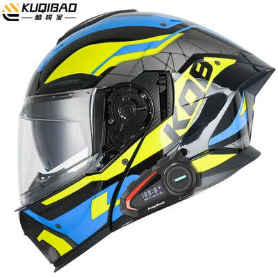 3C Certified Full-Face Helmet, Motosiklet kaskı (dəbilqə) - bright-black-guard-yellow-and-blue-with-k20-bluetooth-with-white-film-m