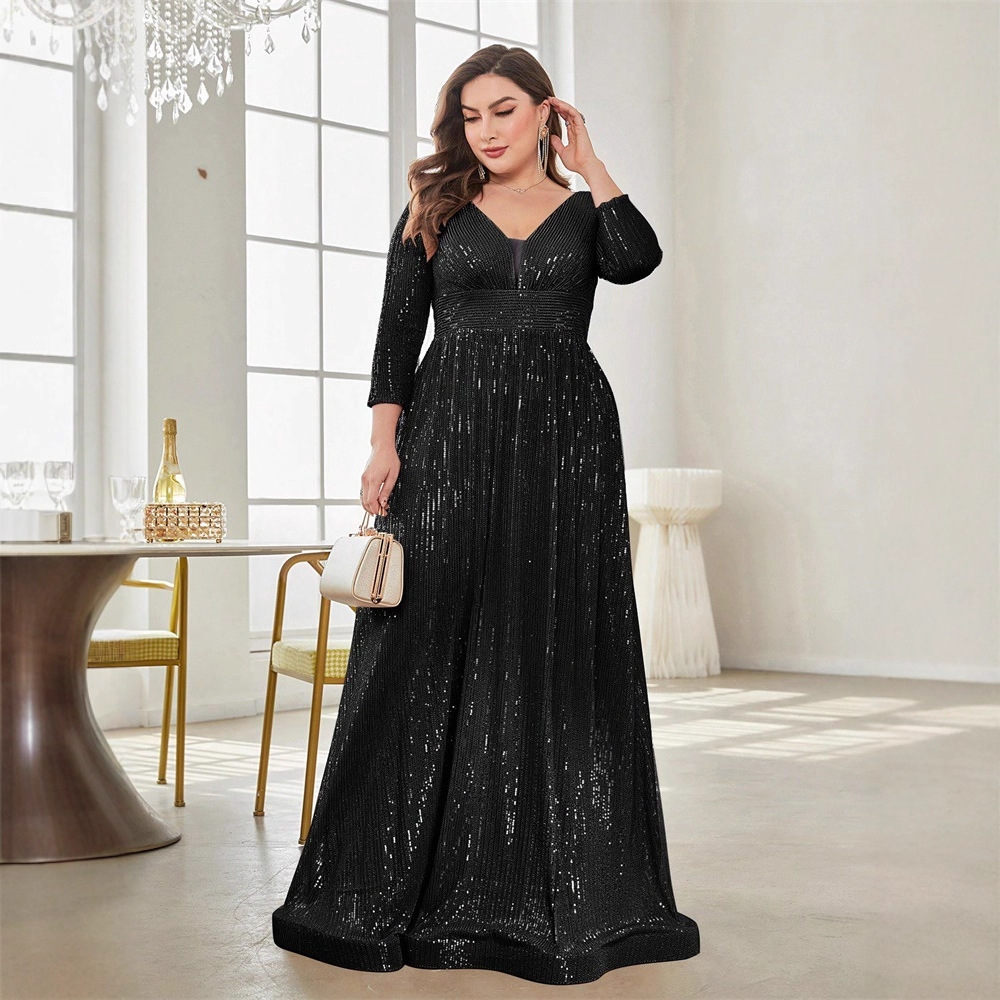 Cross-Border Middle Eastern New Large Size Fat Woman Evening Dress Sequined Long-Sleeved V-Neck Elegant Long Skirt Banquet Party Dress