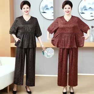 Mom's Summer Suit, Fashionable Middle-Aged and Elderly Women's Summer Plus Size Short-Sleeved T-Shirt Top Two-Piece Set 100kg