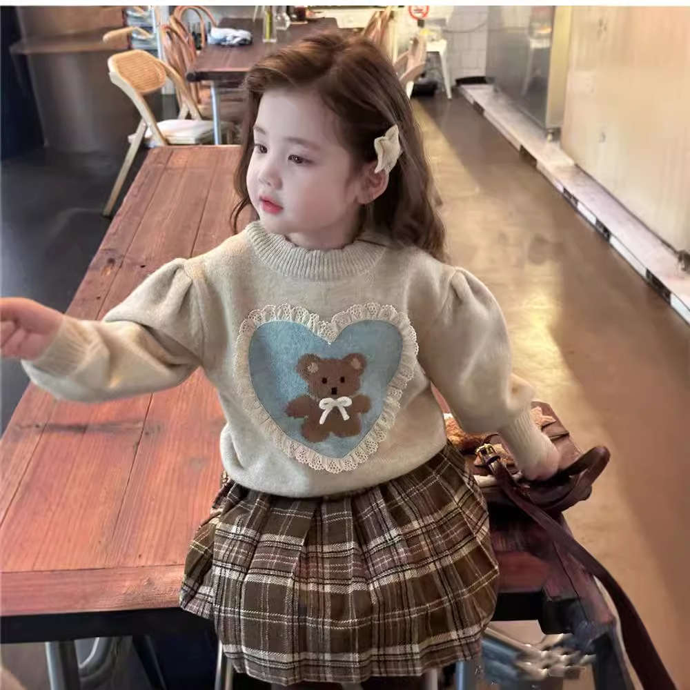 女童卡通小熊毛衣2024秋冬新款童装儿童加厚针织衫保暖上衣套头衫