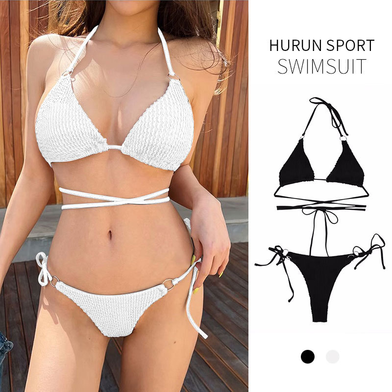 HURUN estilo coreano negro sexy sin espalda con cordones de tres puntos bikini transfronterizo playa vacaciones traje de baño de aguas termales para las mujeres