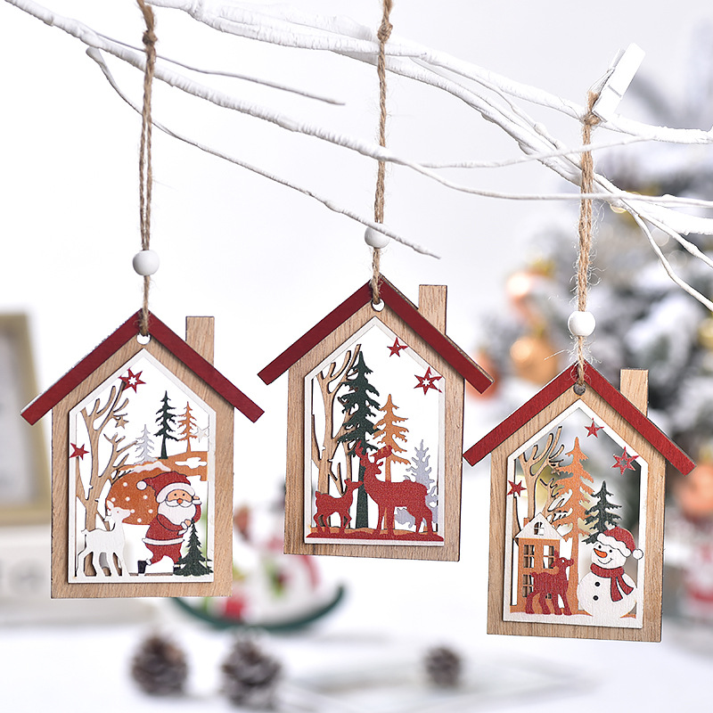Christmas Decorations Christmas Tree Santa Snowman Deer Wooden Hollow House Pendant Wooden Printed Christmas Tree Pendant 