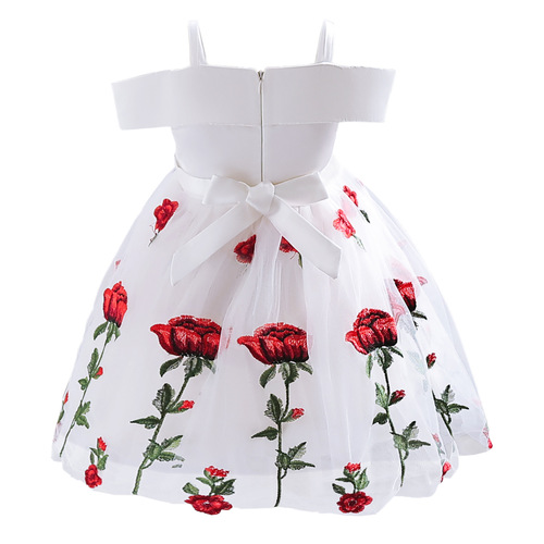 Cross-border little girl dress 2024 Western and European children's dress little girl off-shoulder princess dress children's rose embroidered net dress