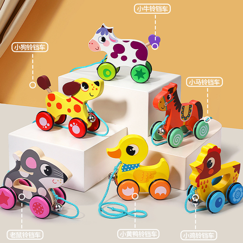 Coche de campana de animal de arrastre de madera real, cuerda de tracción manual, niño y niña, coordinación ojo-mano, juguete de coche de entrenamiento para niños pequeños