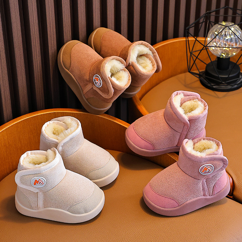 Baby Snow Boots Winter Fleece-Lined Thickeneded Kidsren's Boots Short-Tube Soft-Soled Velcro Pure Color Warm Cotton Shoes