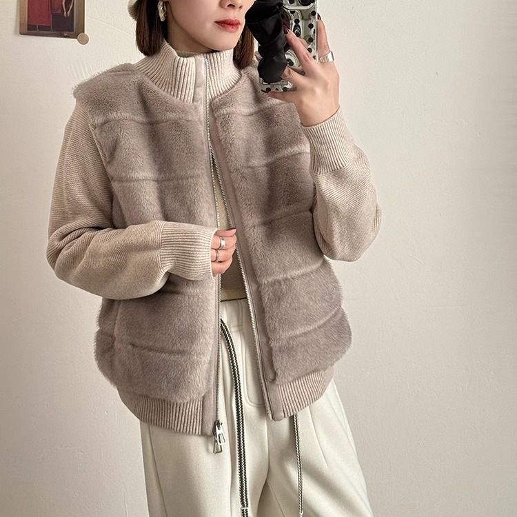 European Classy Fashionable Mink Fur Spliced ​​Wool Knitted Sleeve down Jacket for Women Winter Casual Stand-Up Collar Goose down Jacket