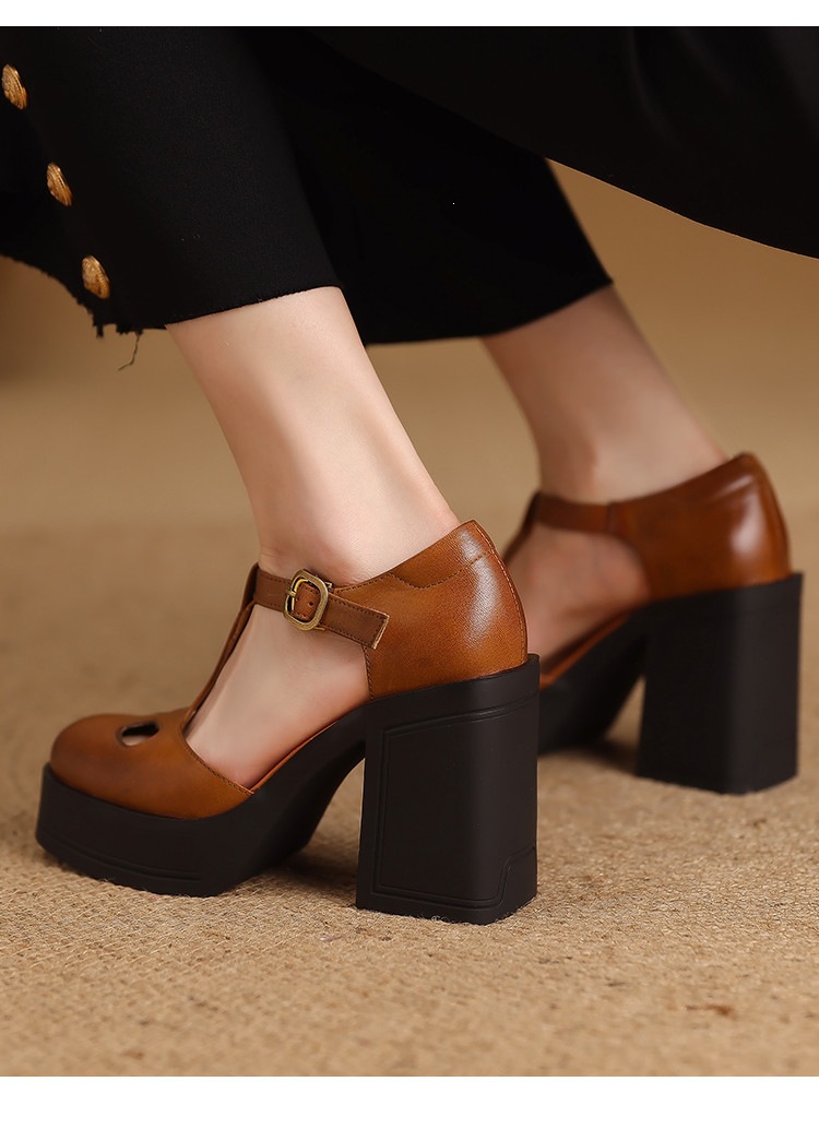 Sandal nữ đế xuồng platform gót vuông phong cách vintage khóa kim loại — màu nâu, màu đen chi tiết 12