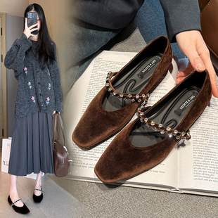 520-5 Spring Women's Shoes Mary Jane Shoes Women's Suede Shoes with Rhinestones Women's Single Shoes with Fat Widened plus size Women's Shoes