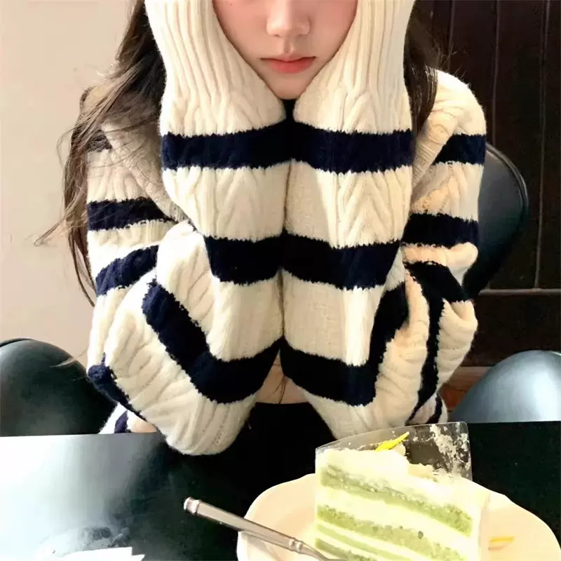 韩系慵懒小个子秋冬季黑白条纹加厚毛衣女设计感针织开衫短款外套
