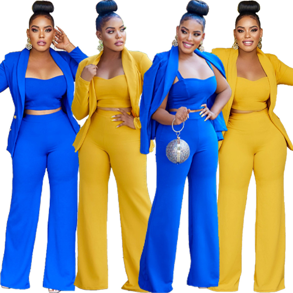 31229 New European and American Style Women's Clothing, Foreign Trade Women's Clothing, Amazon Hot Selling, AliExpress Solid Color Long Pants Three-Piece Set