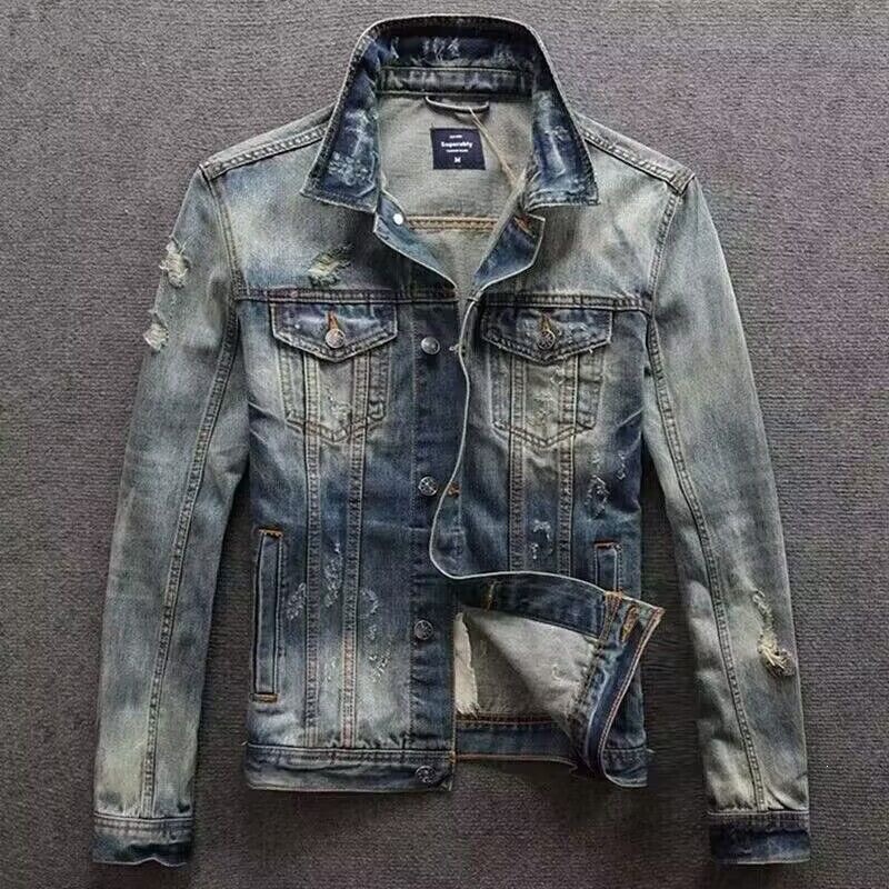 Spring and autumn fashion denim jacket, men's trendy retro ripped jacket, versatile and stylish for young people, popular among influencers, workwear style Spring and autumn fashion denim jacket, men's trendy retro ripped jacket, versatile and stylish for young people, popular among influencers, workwear style