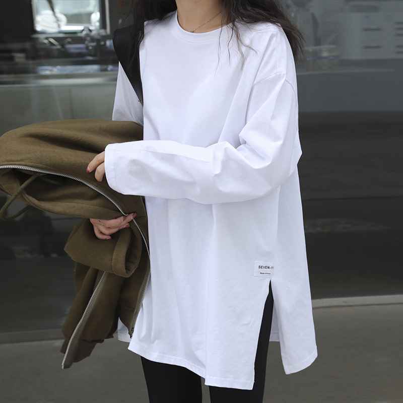 New Stylish Blouse 2025 Fashionable Versatile Korean Style Solid Color Slit Long-Sleeve T-Shirt Women's Top Base Shirt Autumn Trend