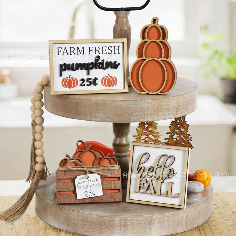Hello Fall Autum Home Decoration Farmhouse Layered Tray Decoration 4 Pieces Thanksgiving Wooden Pumpkin Photo Frame