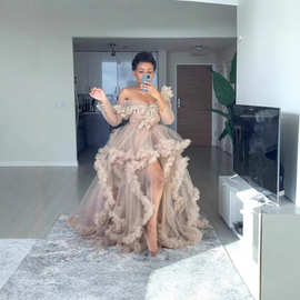 新款新娘结婚敬酒服时尚一字肩网纱晚礼服性感晚宴连衣裙透视蓬蓬