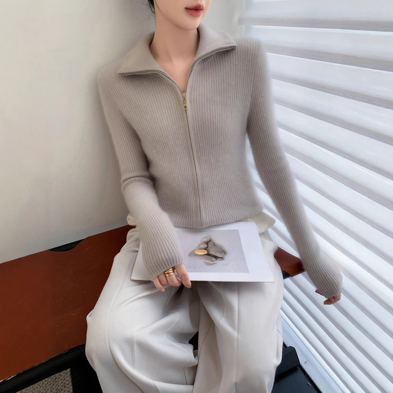 25 Autumn and Winter High-End Baby Cashmere Cardigan Women's Lapel Pit Double Zipper Sweater Loose Wool Sweater Jacket
