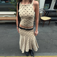 Q25ST176欧米の婦人服夏アマゾンの新型波点丸首ベストはお尻のしわの長いスカートのスーツの女性を包みます。