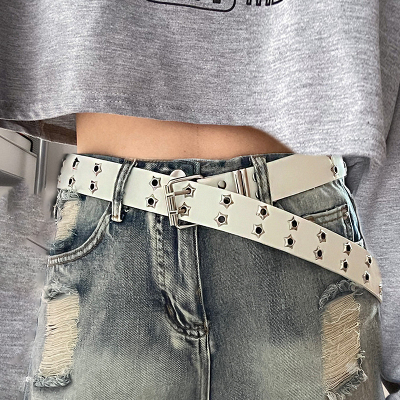 Star Porous American Wide Belt for Women and Men 2025 New Jeans Belt Design Niche Y2K Belt White
