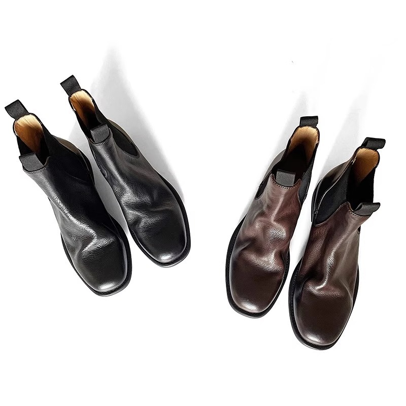 牛革版 ~ チェルシーブーツ茶色本革レトロ古いしわショートブーツ2024年英倫風ブーツマーティンブーツ