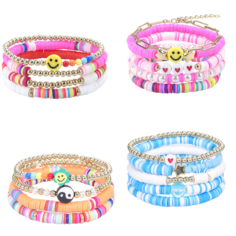 Amazon Venta caliente bohemio pulsera traje colorido cerámica suave sonrisa en forma de corazón pulsera de perlas joyas en stock