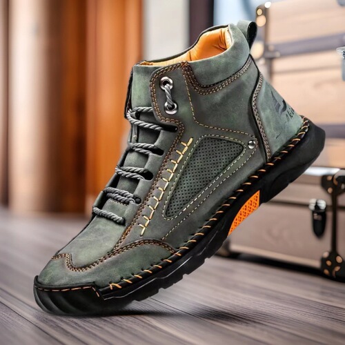 Autumn and winter plus-size men's leather boots, fashionable handmade stitched men's boots, outdoor lace-up mid-top casual men's shoes