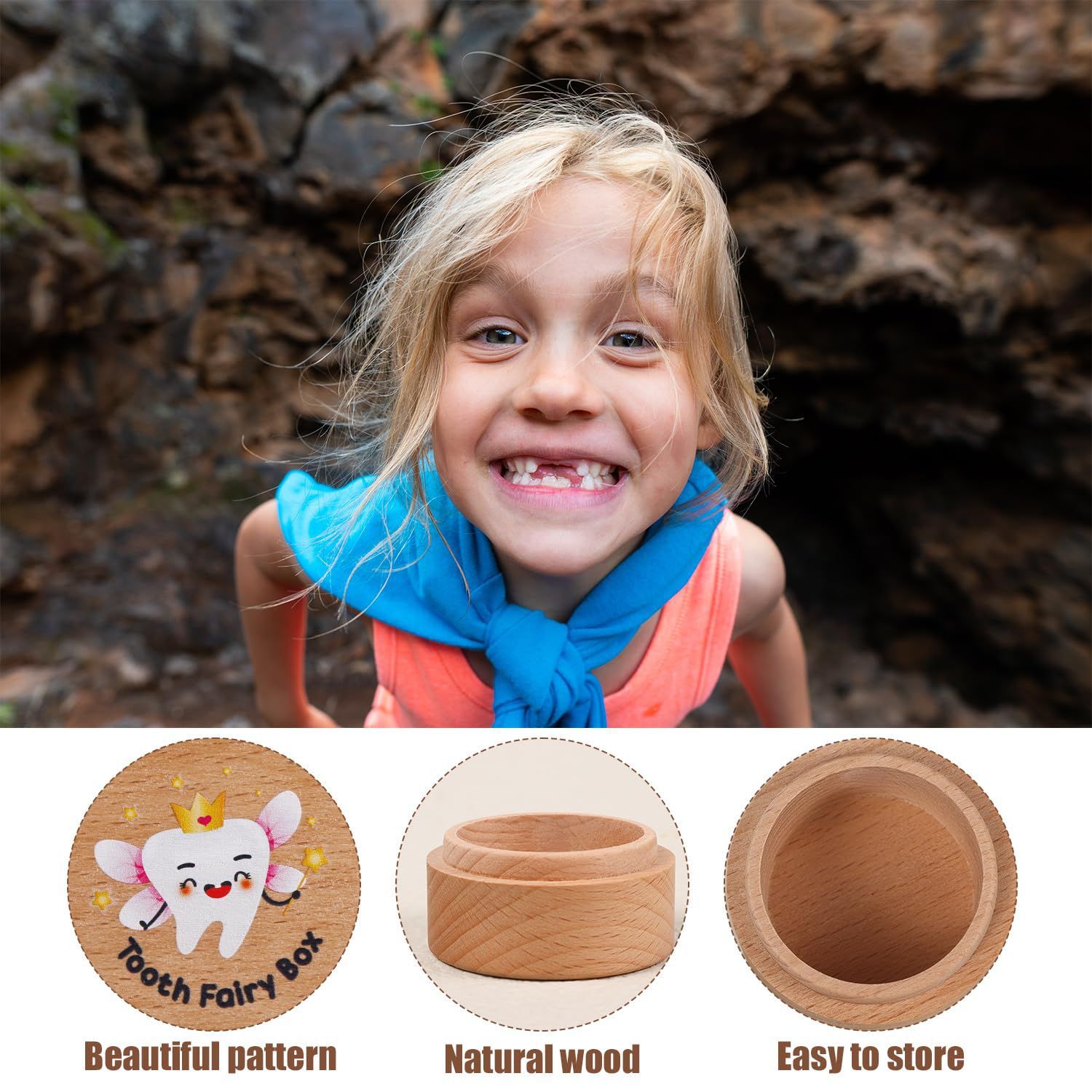 Patrón de impresión de madera creativo con tapa caja de madera de almacenamiento de cambio de dientes para niños caja conmemorativa de cambio de dientes de bebé masculino y femenino