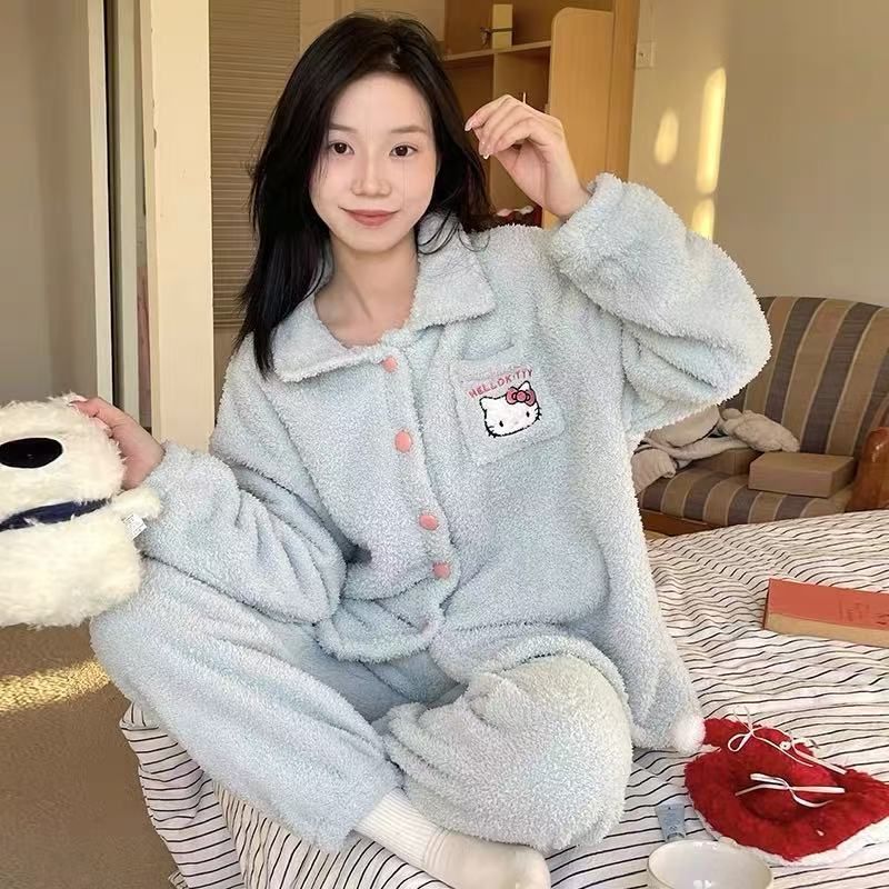 Transfronteriza mayorista KT gato pijama de mujer primavera y otoño invierno mitad de lana de coral engrosado conjunto de mangas largas lindas ropa para el hogar