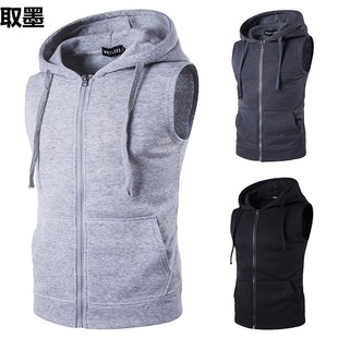 2023 Foreign Trade Men's Sports Hooded Jacket Cardigan Zipper Hooded Sleeveless Vest Men's Fitness Vest Top Trendy