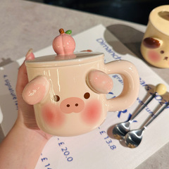 かわいいセラミック子犬マグカップ蓋付きスプーン漫画動物ピンク少女心オフィスカップコーヒーカップ