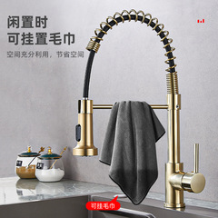 Brushed gold American spring pull-out faucet household kitchen sink vegetable basin hot and cold splash-proof faucet wholesale