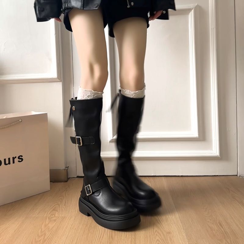 2025春秋新款高筒小个子长靴不过膝厚底靴子皮带扣长筒靴女款|undefined