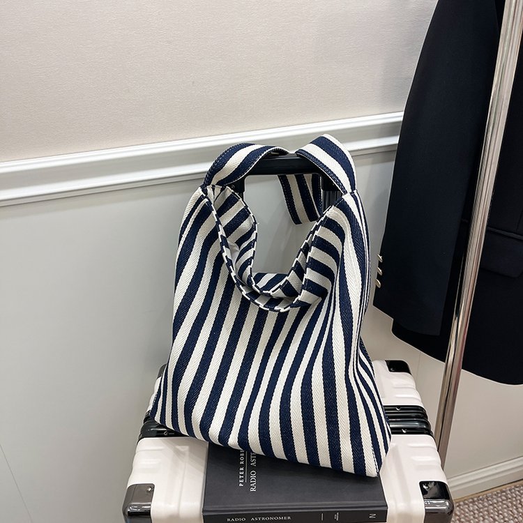 Striped Soft Canvas Bucket Magnetic Snap Tote Bag 7