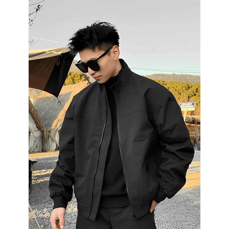 High-End Handsome Men's Black Stand-Up Collar Coach Jacket Spring and Autum American Retro Short Workwear Flight Jacket