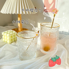 Simple Glass Coffee Cup with Sunflower Engraving, Home Water Glass with Straw, High-Aesthetic Glass Cup for Women
