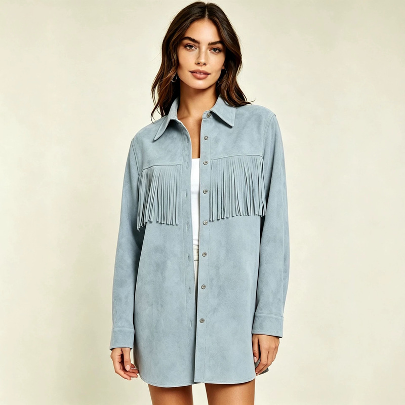 2026 Autumn Women's Faux Suede Tassel Shirt with Turn-down Collar, Long Sleeves, Loose Fit, Mid-length Cardigan Jacket