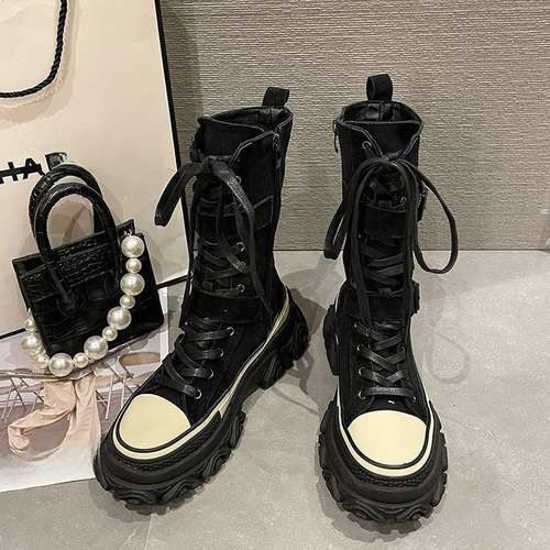 2024 Thick Low Martin Boots European Station Old Vintage Work Boots High-Top Rider Boots Round Toe Platform Low Side Zipper Leather 