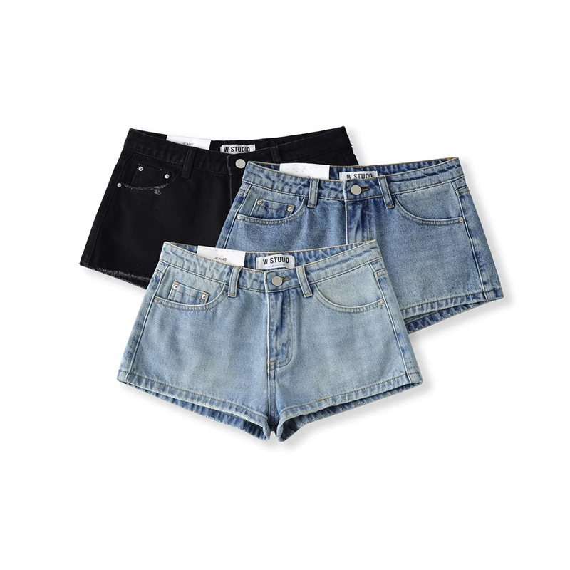 2025 Summer Low-Waist Mini Denim Shorts for Women European and American Style Retro Niche Wide-Leg A-Line Ultra-Short Hot Pants Trendy