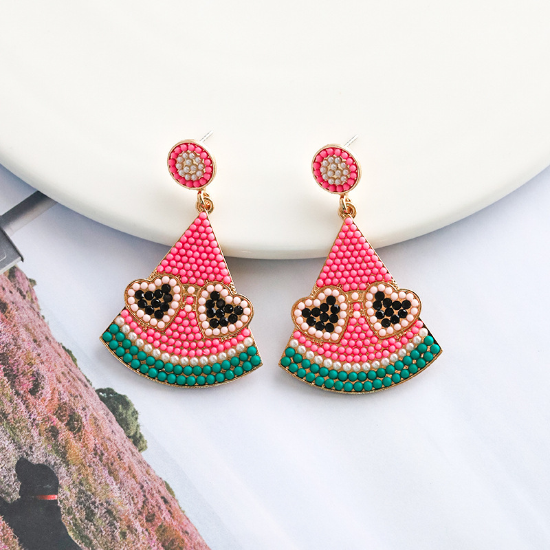 1 Pair Cute Sweet Fruit Watermelon Alloy Seed Bead Drop Earrings display picture 4