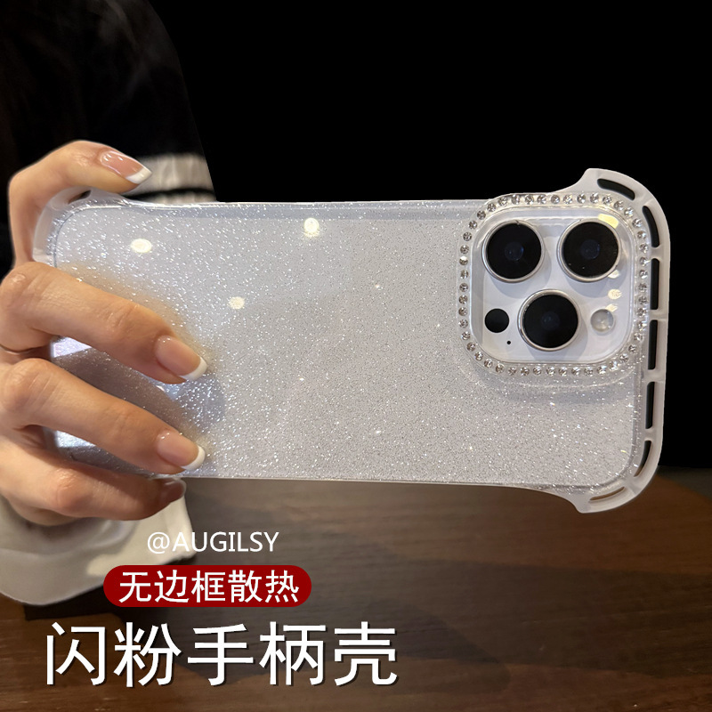 Fine Glitter Diamond Bezel-Less Handle Design 16Promax Mobile Phone Case Apple 15Pro Airbag Anti-Fall Suitable for Iphone14 Protective Cover Goddess Glitter 15 Four-Corner Lanyard 13 Half Pack Heat Dissipation