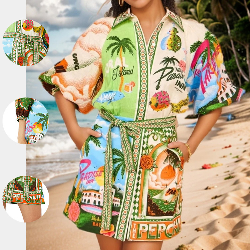 Europa y América transfronteriza 2025 nueva estación independiente de AliExpress camisa estampada de moda casual cardigan temperamento vestido de todo fósforo