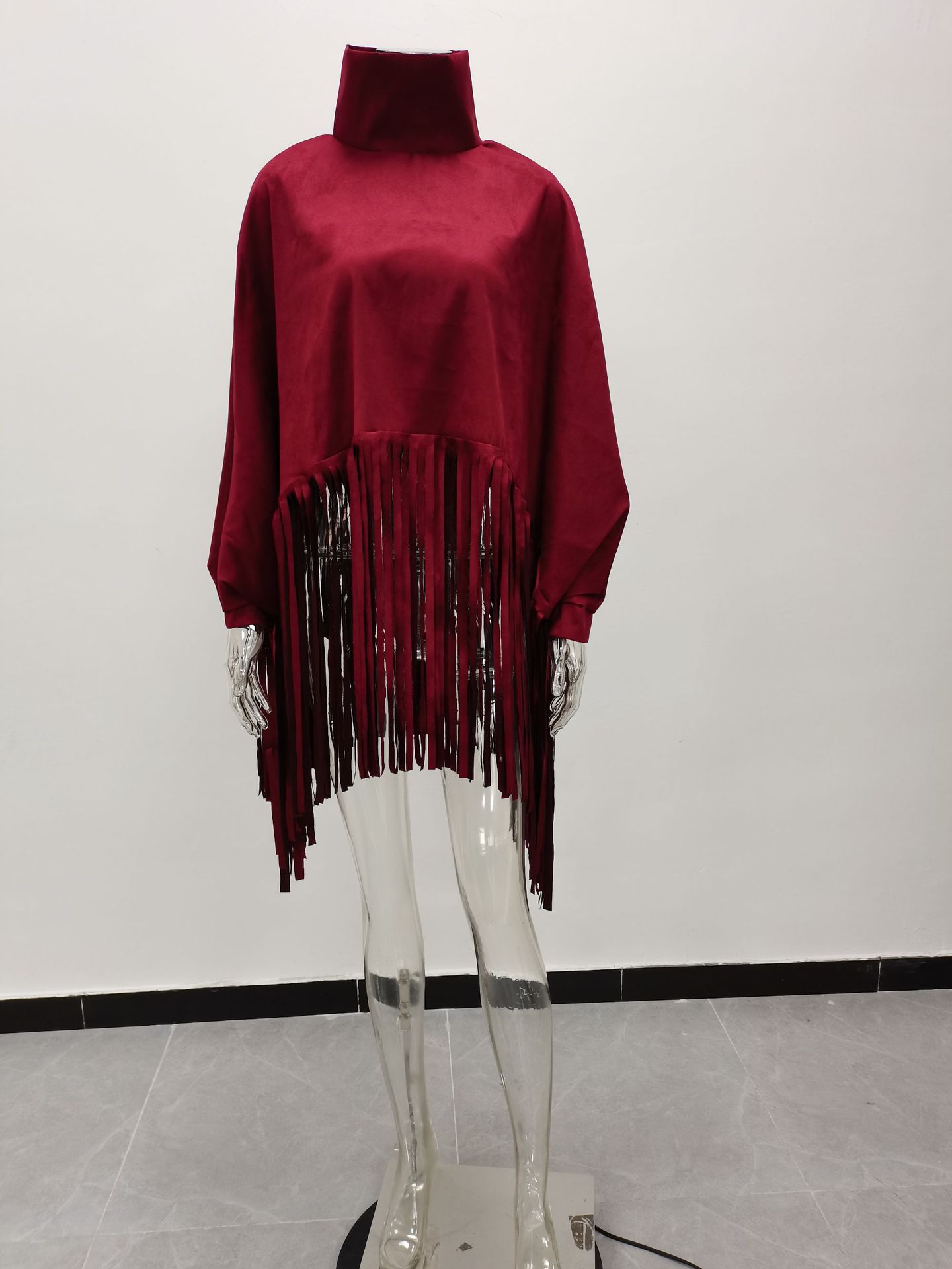 Women's fashion solid color long sleeve fringe top_voghion.com