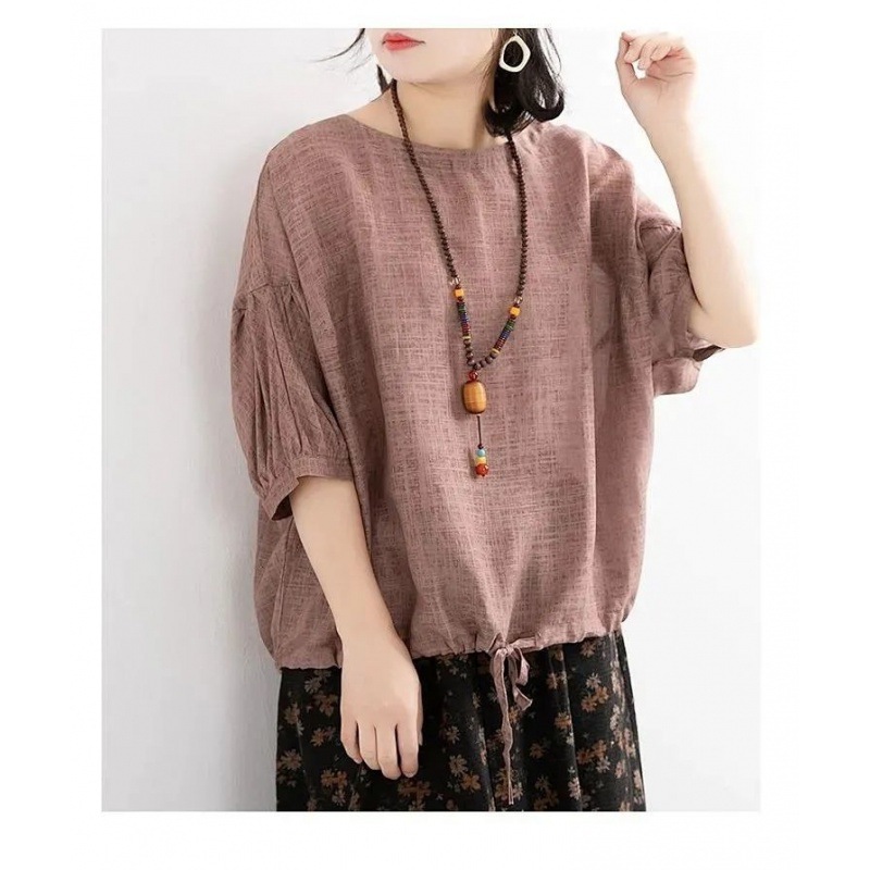 Original size 2023 Summer loose plus size casual T-shirt women's batwing shirt round neck half sleeve imitation cotton linen shirt top