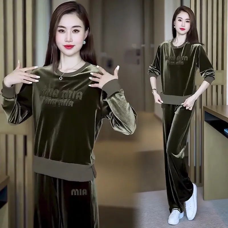 金丝绒春秋季新款休闲运动套装女高档洋气显瘦阔腿两件套运动服|undefined