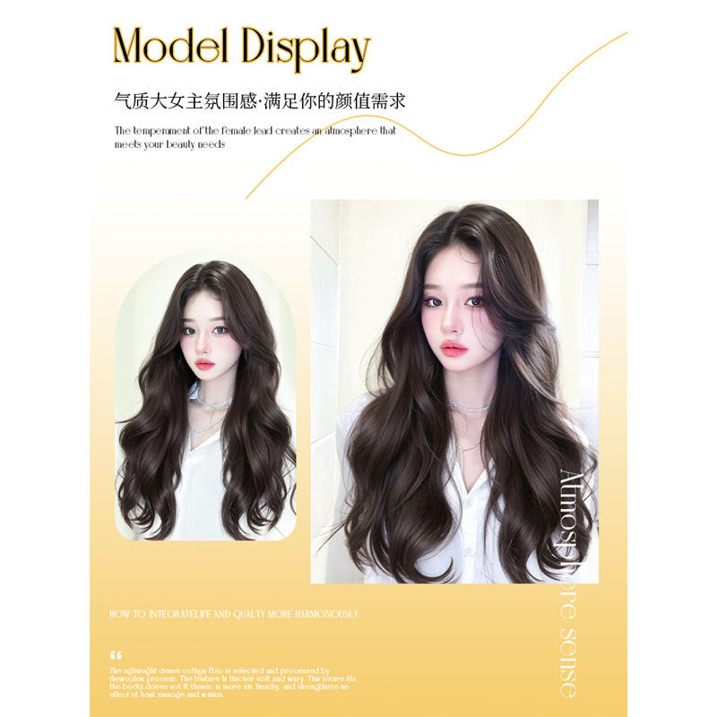 Peruca de cabello para mujer sin red de cabello con cubierta de cabello completa en la parte superior del cráneo, aumento de cabello esponjoso, división media alta, cabello largo y ondulado